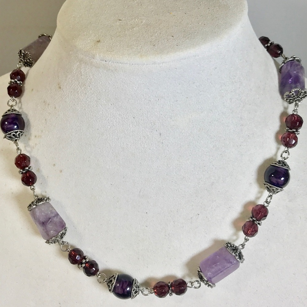 Amethyst color glass and stone beaded necklace 19”